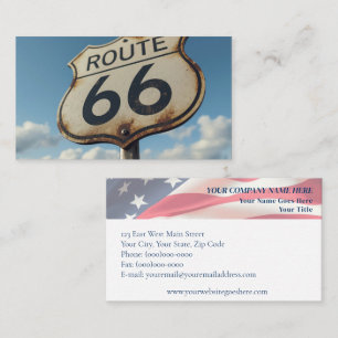 Tarjeta De Visita Letrero Vintage de la Ruta 66 y Bandera Americana