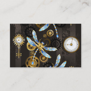Tarjeta De Visita Libélulas Steampunk sobre fondo marrón rayado