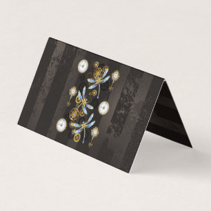 Tarjeta De Visita Libélulas Steampunk sobre fondo marrón rayado