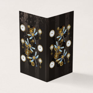 Tarjeta De Visita Libélulas Steampunk sobre fondo rayado marrón