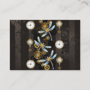 Tarjeta De Visita Libélulas Steampunk sobre fondo rayado marrón