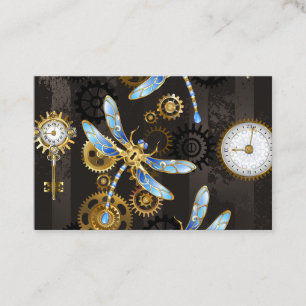Tarjeta De Visita Libélulas Steampunk sobre fondo rayado marrón