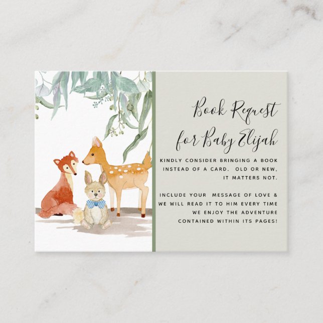 Tarjeta De Visita Libros Baby Shower de Eucalyptus Woods Deer Fox Ra (Anverso)