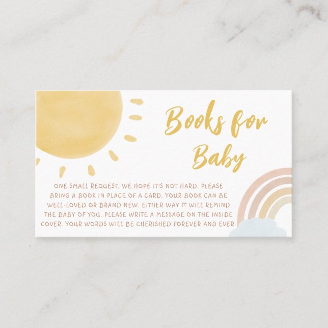 Tarjeta De Visita Libros de Baby Shower sobre el arcoiris y el sol p (Anverso)