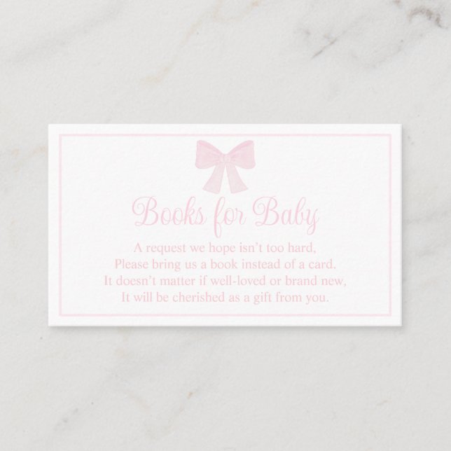 Tarjeta De Visita Libros Para Baby Pink Bow Preppy Baby Shower (Anverso)