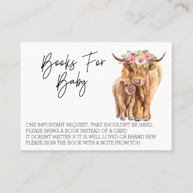 Tarjeta De Visita Libros para Baby Shower Highland Cow (Anverso)