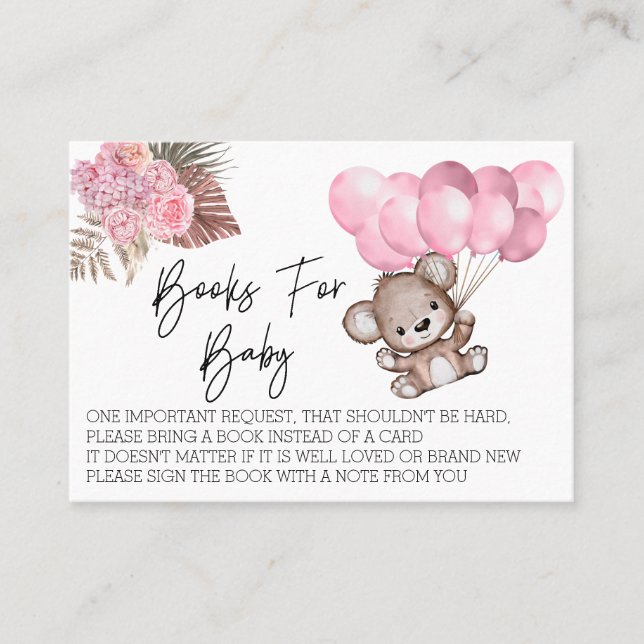 Tarjeta De Visita Libros para Baby Shower Teddy Bear Balloons Boho (Anverso)