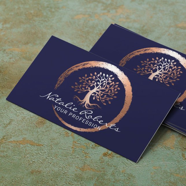 Tarjeta De Visita Life Tree Gold Circle Yoga Wellness Spa Navy Blue (Subido por el creador)