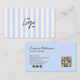 Tarjeta De Visita Light Blue & Ivory Stripes Bakery Logo QR Code