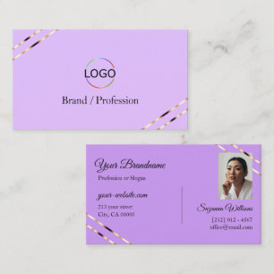 Tarjeta De Visita Lila Lavanda con líneas de oro Rosa Logo y Foto