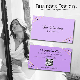 Tarjeta De Visita Lila Lavanda con Líneas de Oro Rosa y Código QR
