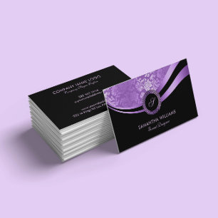 Tarjeta De Visita Lila Púrpura Negro Monograma Personalizado