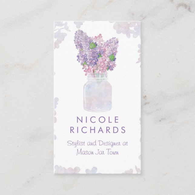 Tarjeta De Visita Lilac Mason Jar Bouquet acuarela Floral Elegante (Anverso)