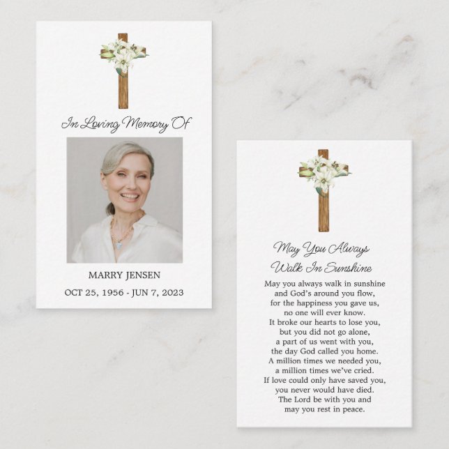 Tarjeta De Visita Lily Cross Memorial Photo Funeral Prayer Card (Anverso / Reverso)