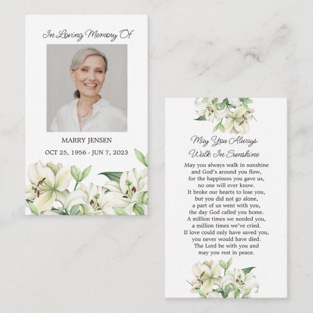 Tarjeta De Visita Lily Memorial Photo Funeral Prayer Card (Anverso / Reverso)