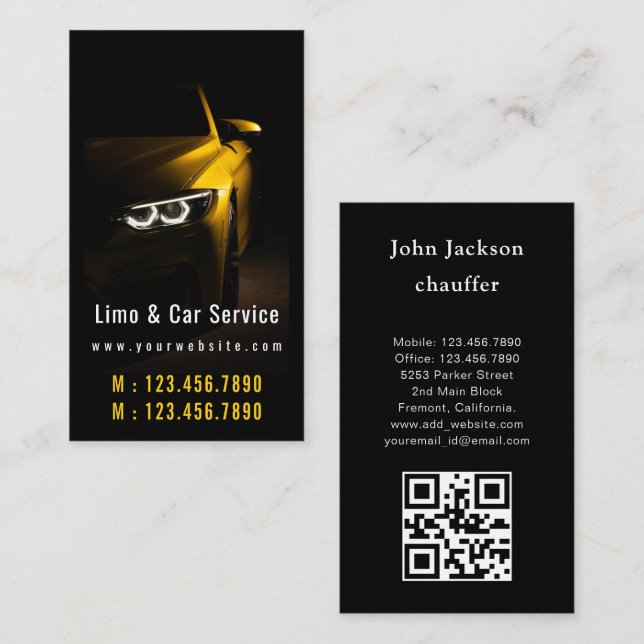 Tarjeta De Visita Limo & Car Service Codigo moderno de limusina dora (Anverso / Reverso)