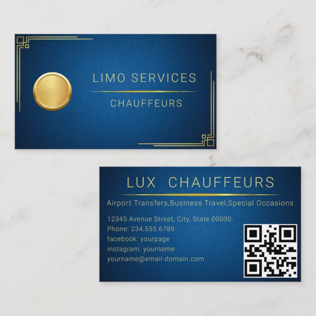 Tarjeta De Visita Limo Driver Y Chauffeur Service QR De Cuero Azul (Anverso / Reverso)