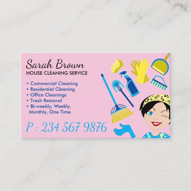 Tarjeta De Visita Limpiador azul rosa Janitorial Glove Apron Maid (Anverso)