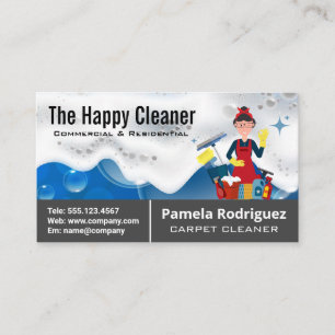 Tarjeta De Visita Limpiador feliz con equipo de limpieza