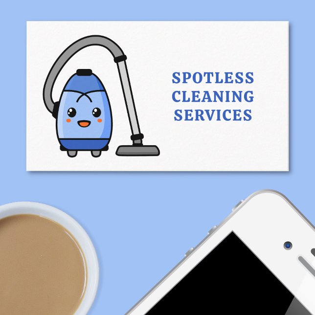 Tarjeta De Visita Limpiador limpiador Personalizado lindo Vacío azul (Cleaning business card on a light blue background next to a phone and cup of coffee.)