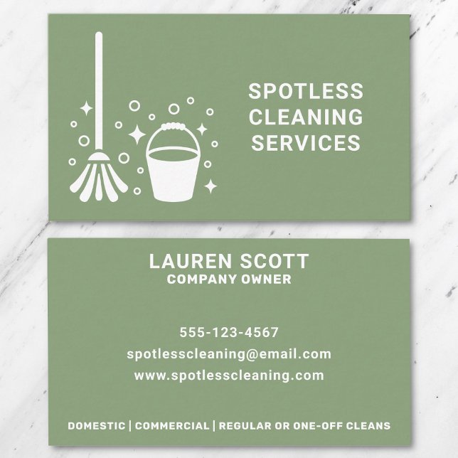 Tarjeta De Visita Limpiador Mop Y Balde Verde Negrita (Front and back of business card on a marble background.)