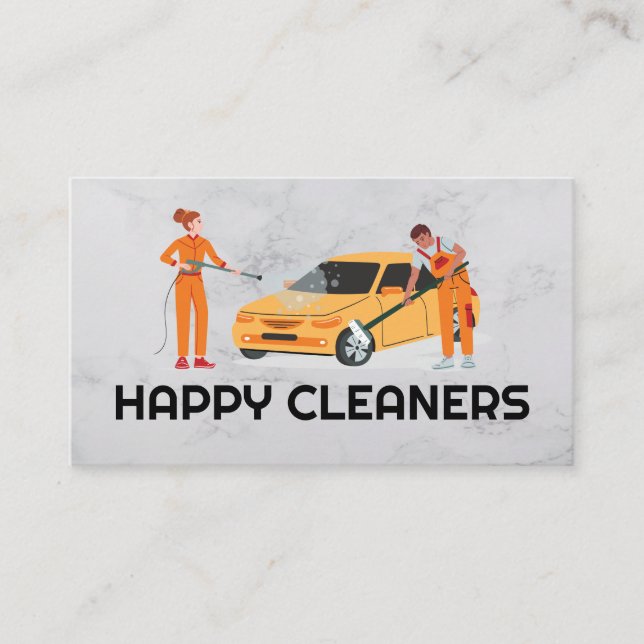 Tarjeta De Visita Limpiadores Felices | Trabajadores Limpiando Coche (Anverso)