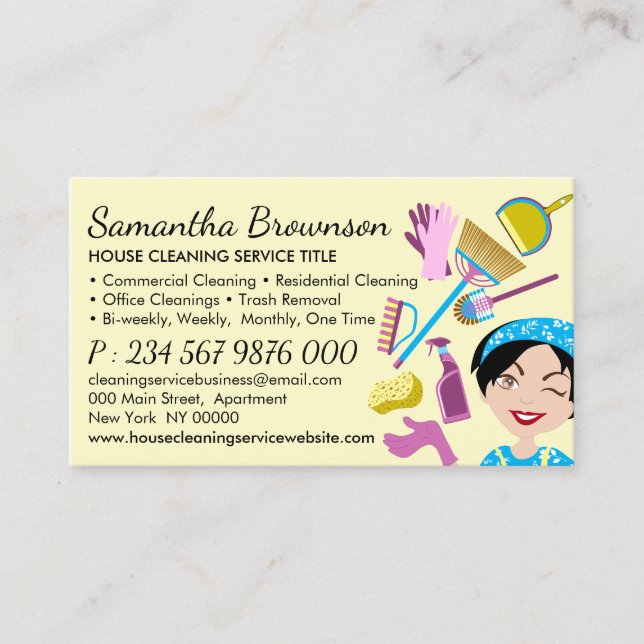 Tarjeta De Visita Limpieza amarilla Janitorial Maid (Anverso)