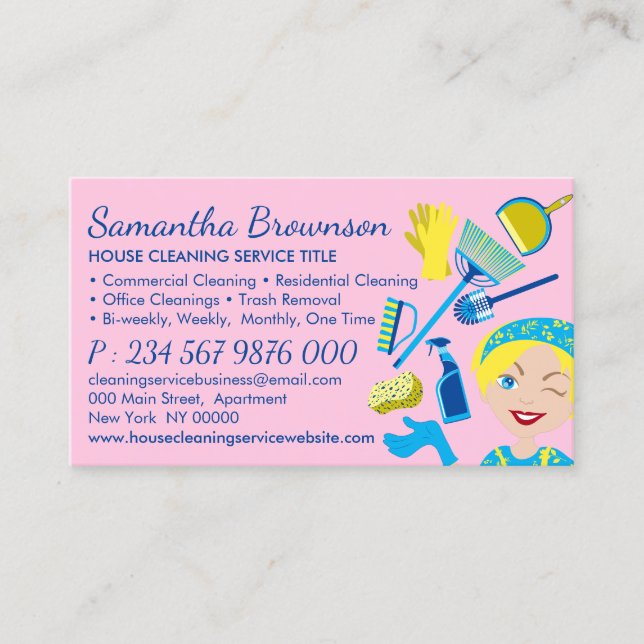 Tarjeta De Visita Limpieza amarilla rosada Janitorial Maid (Anverso)