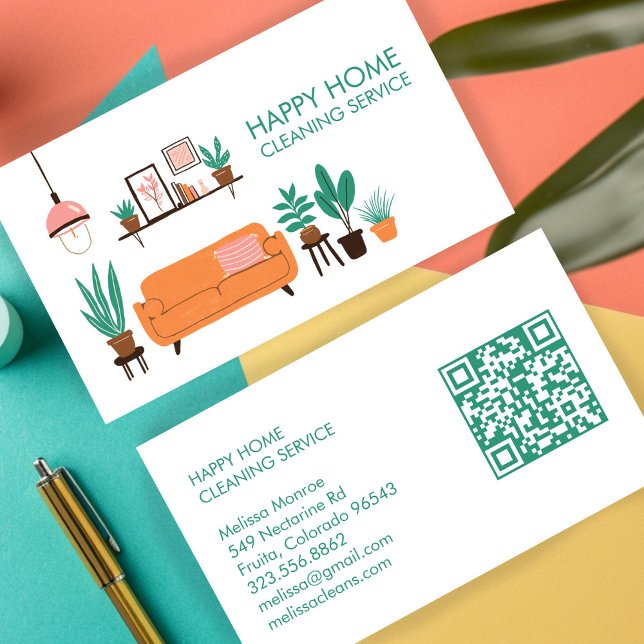 Tarjeta De Visita Limpieza de casa Cuta sala de estar Personalizado  (House Cleaning Cleaner Maid Cute Livingroom Art Custom QR Code Business Card
)