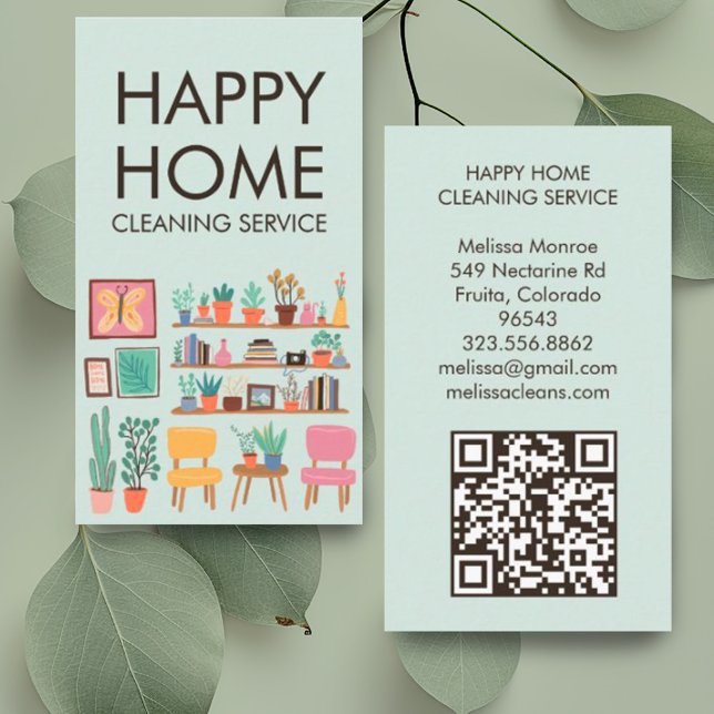 Tarjeta De Visita Limpieza de casa Cuta sala de estar Personalizado  (Cute living room illustration adorns these custom business cards with QR code. Perfect for maids)