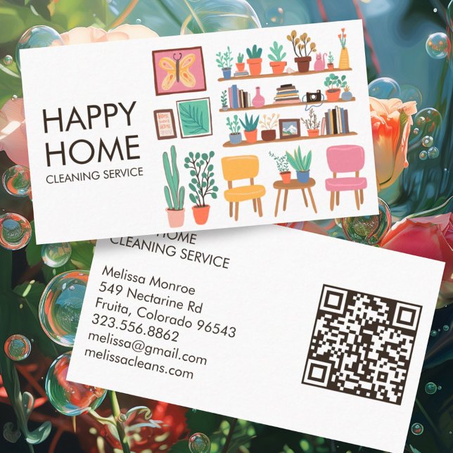 Tarjeta De Visita Limpieza de casa Cuta sala de estar Personalizado  (Adorable living room scene on these custom business cards with QR codes)