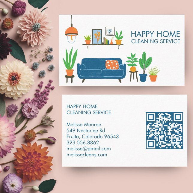 Tarjeta De Visita Limpieza de casa Cuta sala de estar Personalizado  (House Cleaning Cute Livingroom Art Custom QR Code Business Card
)