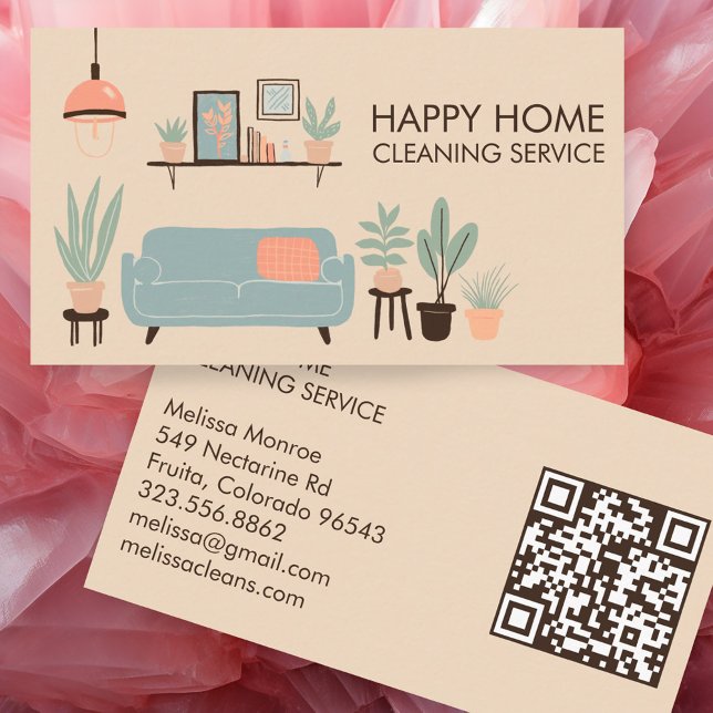 Tarjeta De Visita Limpieza de casa Cuta sala de estar Personalizado  (House Cleaning Cute Livingroom Art Custom QR Code Business Card
)