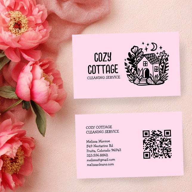 Tarjeta De Visita Limpieza de casa de artesanía de la casa Personali (House Cleaning Cute Cottage Art Custom QR Code Business Card
)