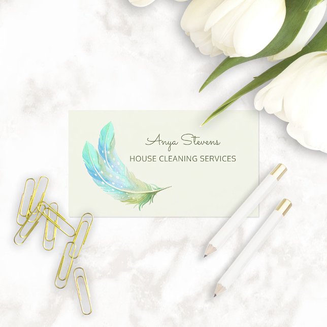 Tarjeta De Visita Limpieza de Casa Pluma (Boho Green Feathers House Cleaning Services Business Cards)