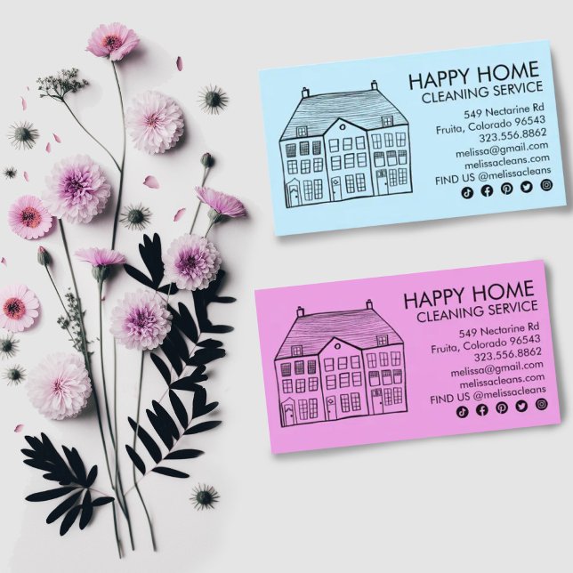 Tarjeta De Visita Limpieza de casa Servicios de casa Encanto Janitor (Cute house drawing on customizable business card with social media icons. Change background color)