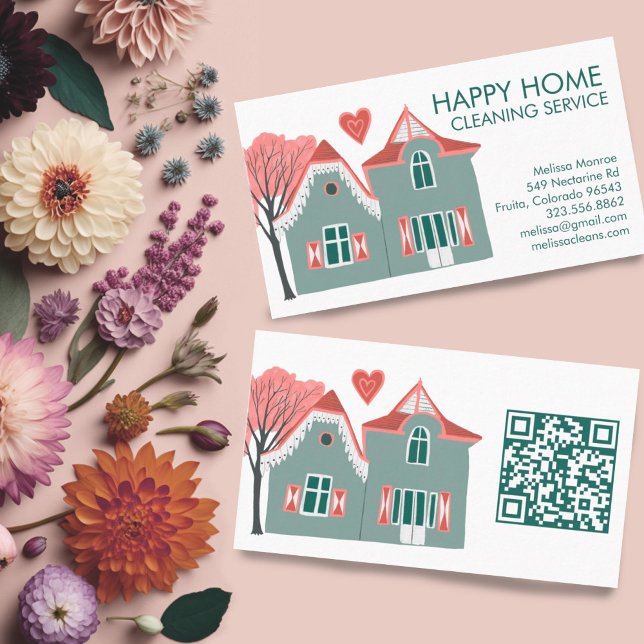 Tarjeta De Visita Limpieza de casa Servicios de hogar Código QR verd (Cute house illustration cleaning services business card with custom QR code)