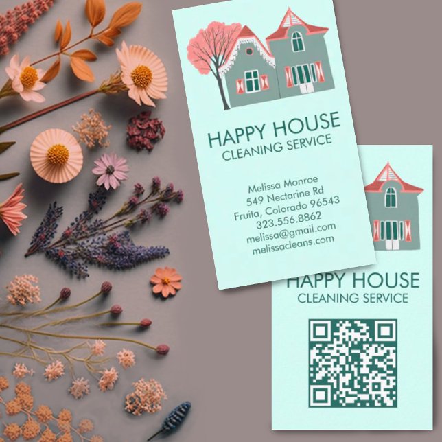 Tarjeta De Visita Limpieza de casa Servicios de hogar encantamiento  (House Cleaning Home Services Charming QR Code Business Card, add your own text and link to customize)