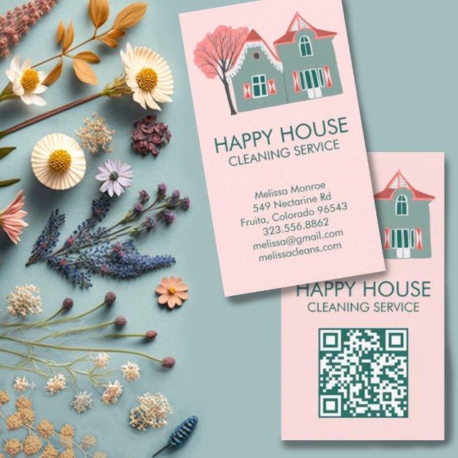 Tarjeta De Visita Limpieza de casa Servicios de hogar encantamiento  (House Cleaning Home Services Charming QR Code Business Card customize with your own text, add links)
