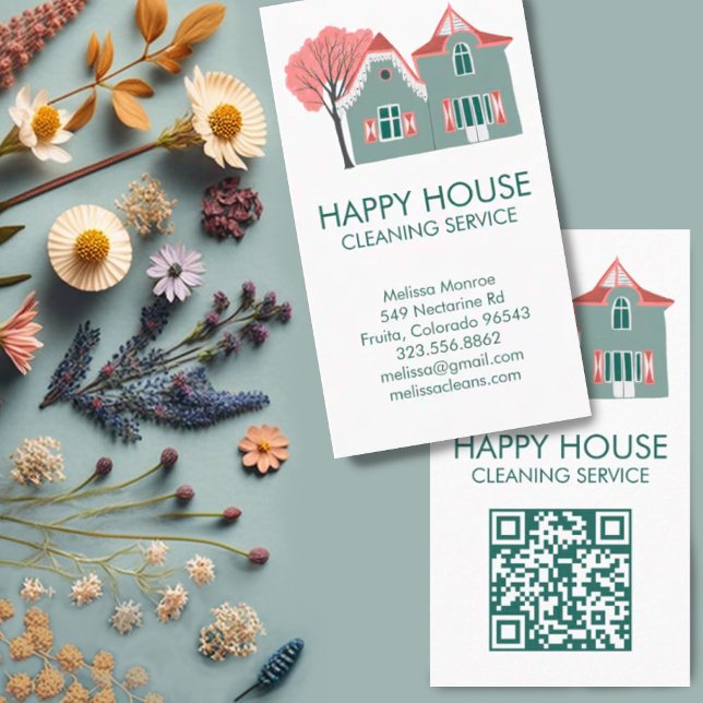 Tarjeta De Visita Limpieza de casa Servicios de hogar encantamiento  (House cleaning, cute home illustration custom business card with QR code. Add your own text and link)