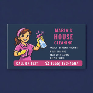 Tarjeta De Visita Limpieza de casas azul marino rosa 