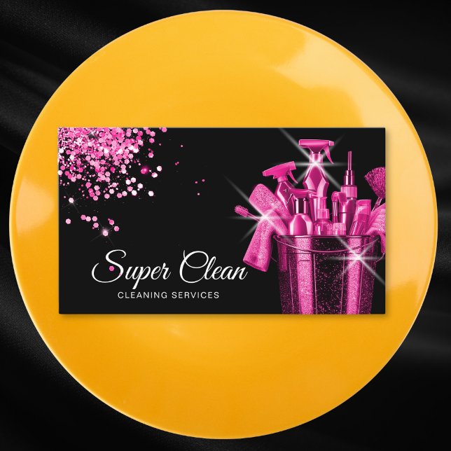 Tarjeta De Visita Limpieza de casas comerciales Girly Pink (hot pink glitter cleaning buck with cleaning tools)