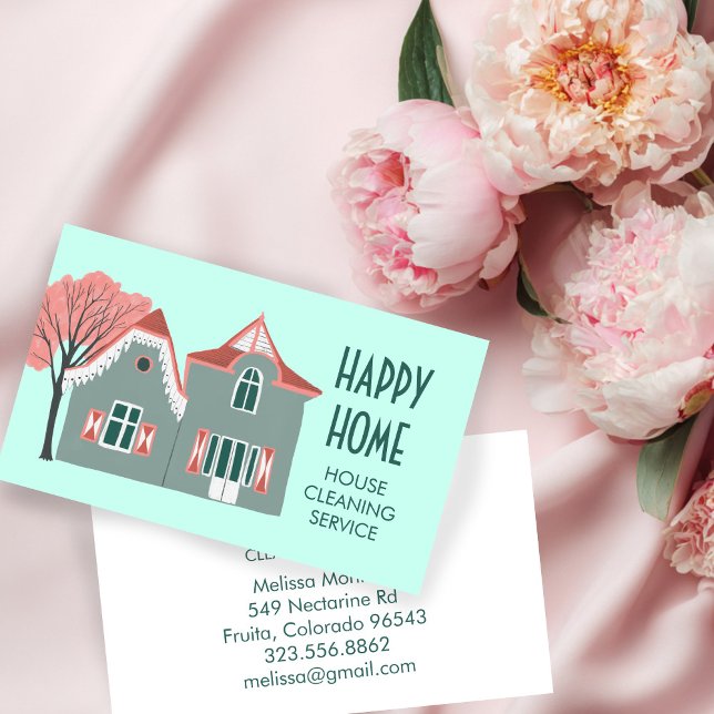 Tarjeta De Visita Limpieza de casas Servicios de casa Encantador Ver (House Cleaning Home Services Charming Pink Green CUSTOM Business Card
)