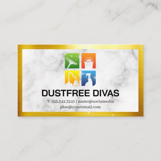 Tarjeta De Visita Limpieza de iconos | Mármol | Borde dorado | Parac (Anverso)