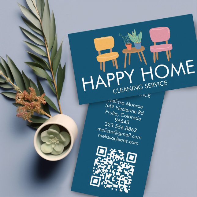Tarjeta De Visita Limpieza de la casa Sillas cúrgenes Plantas Person (House Cleaning Services Home Decor Cute Chairs Plants Custom QR Code Business Card
)