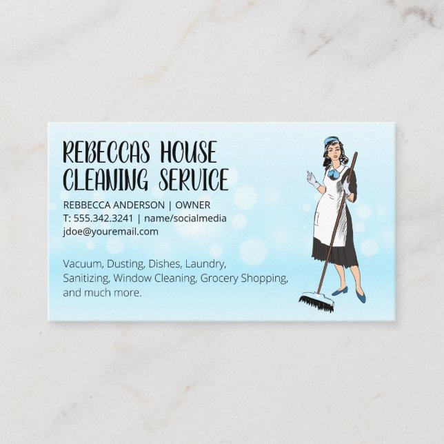 Tarjeta De Visita Limpieza de Lady Holding Broom | Sparkly Backgroun (Anverso)
