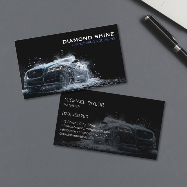 Tarjeta De Visita Limpieza de lavado de lavado profesional y moderno (modern luxury black sports car in the splash of water and soap foam for car detailing business)