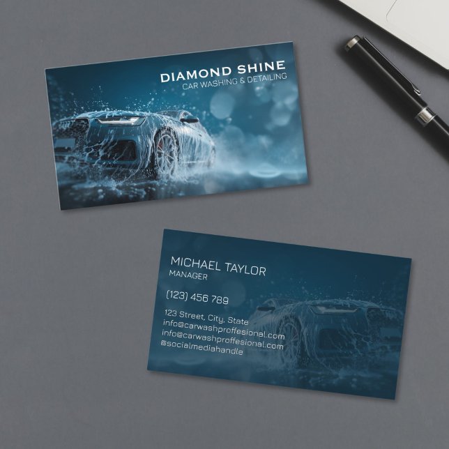 Tarjeta De Visita Limpieza de lavado de lavado profesional y moderno (modern luxury blue sports car in the splash of water and soap foam for car detailing business)