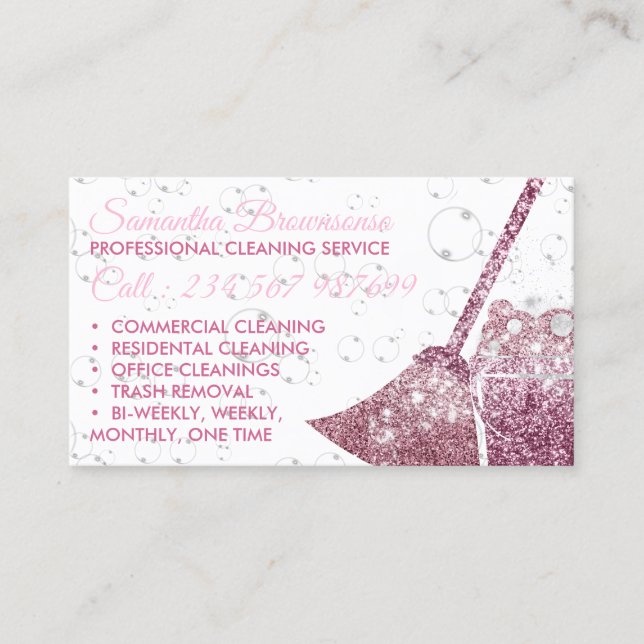 Tarjeta De Visita Limpieza de lujo rosa Glitz Maid Janitorial (Anverso)