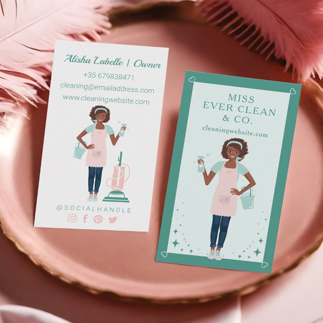 Tarjeta De Visita Limpieza de mujeres negras y servicios de doncella (Modern Pretty Black Woman Cleaning & Maid Services Business Card)
